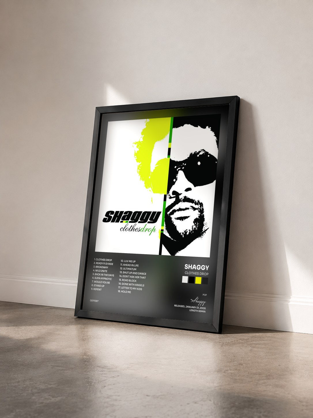 #noir Tableau de l'album Clothes Drop de Shaggy vu de trois quarts, cadre noir