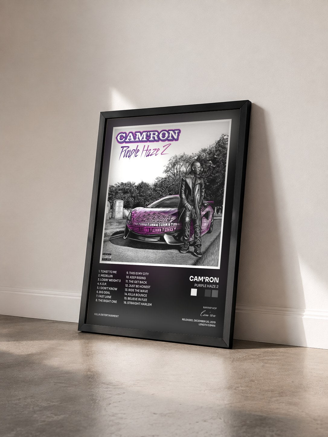 #noir Tableau de l'album Purple Haze 2 de Cam'ron vu de trois quarts, cadre noir