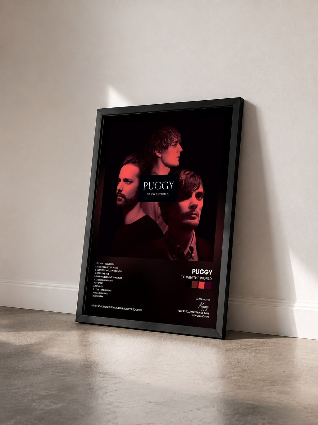 #noir Tableau de l'album To Win The World de Puggy vu de trois quarts, cadre noir
