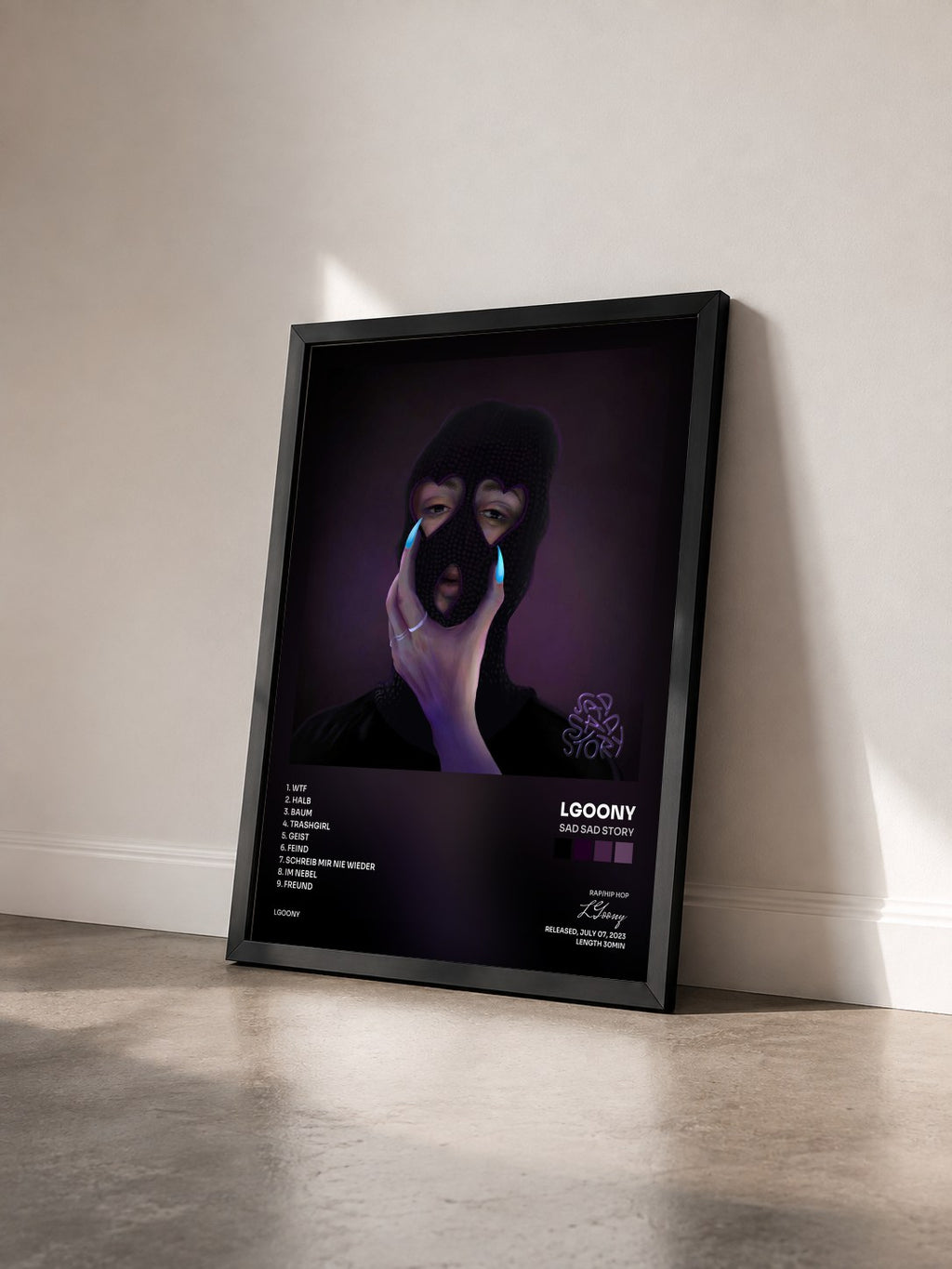 #noir Tableau de l'album sad sad story de LGoony vu de trois quarts, cadre noir