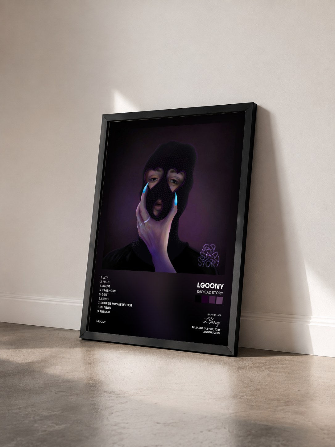 #noir Tableau de l'album sad sad story de LGoony vu de trois quarts, cadre noir