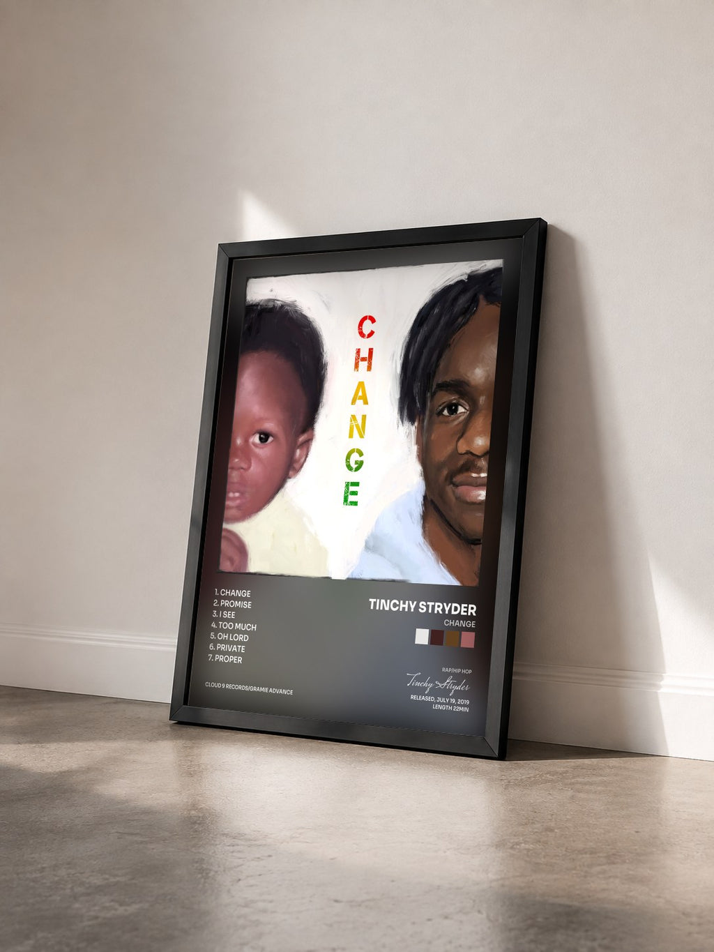 #noir Tableau de l'album Change de Tinchy Stryder vu de trois quarts, cadre noir