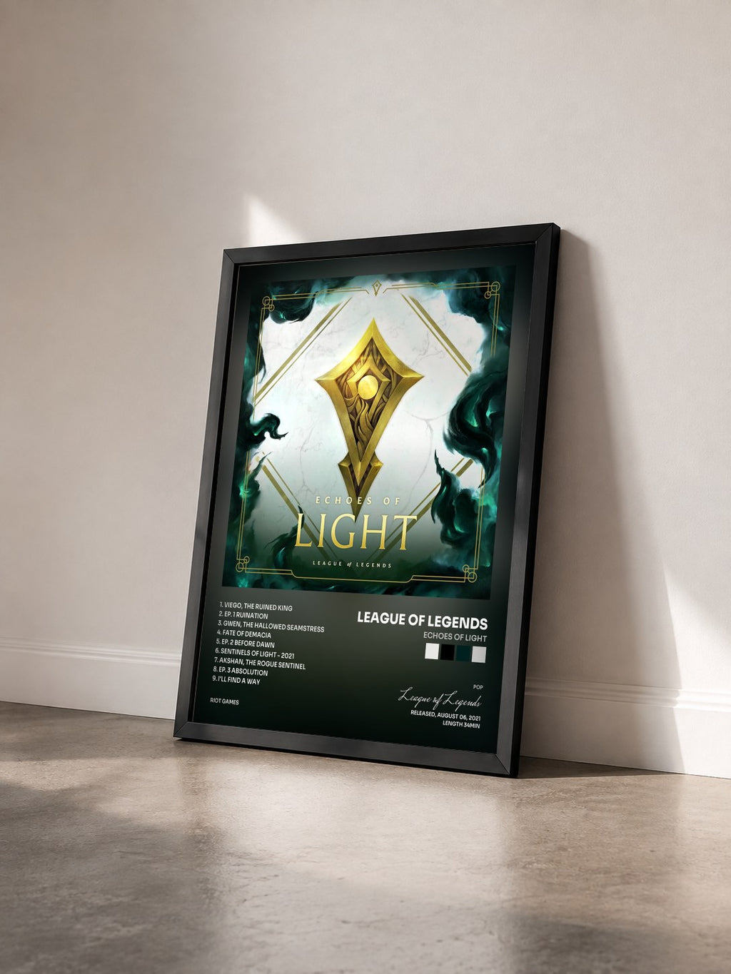 #noir Tableau de l'album Echoes of Light de League of Legends vu de trois quarts, cadre noir