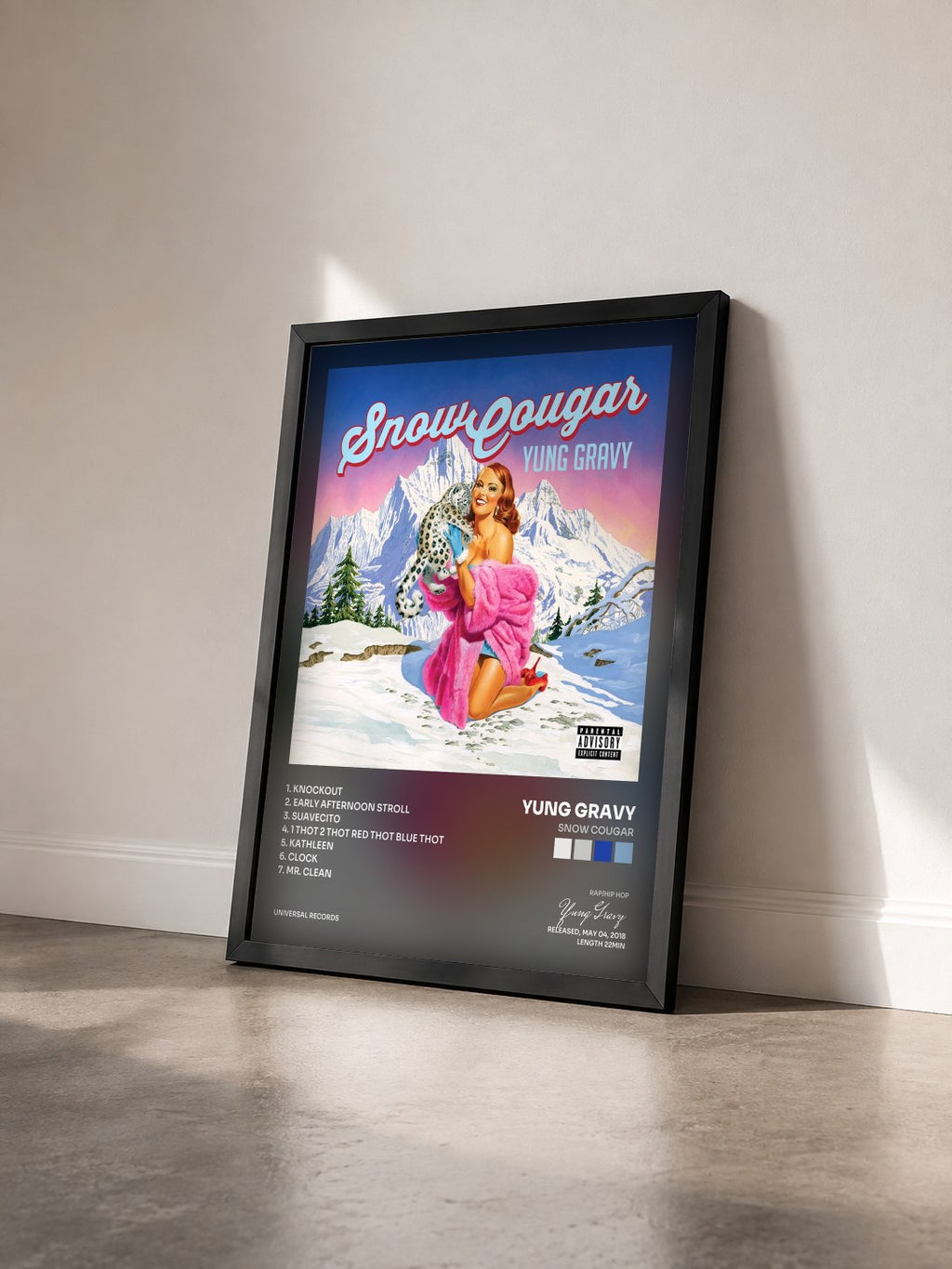 #noir Tableau de l'album Snow Cougar de Yung Gravy vu de trois quarts, cadre noir