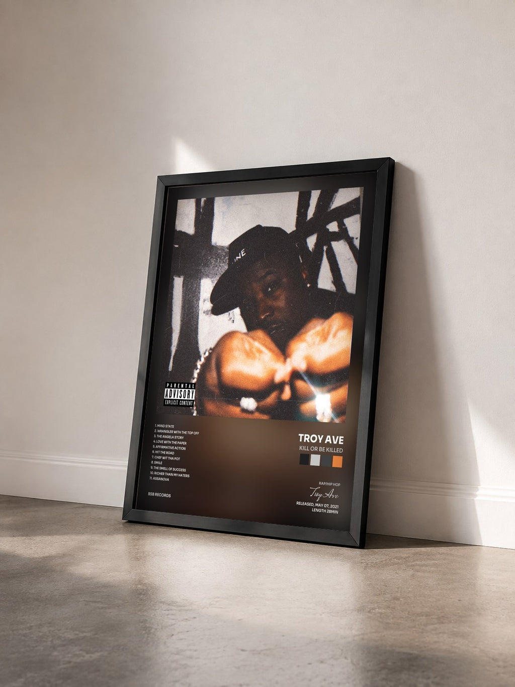#noir Tableau de l'album Kill or Be Killed de Troy Ave vu de trois quarts, cadre noir