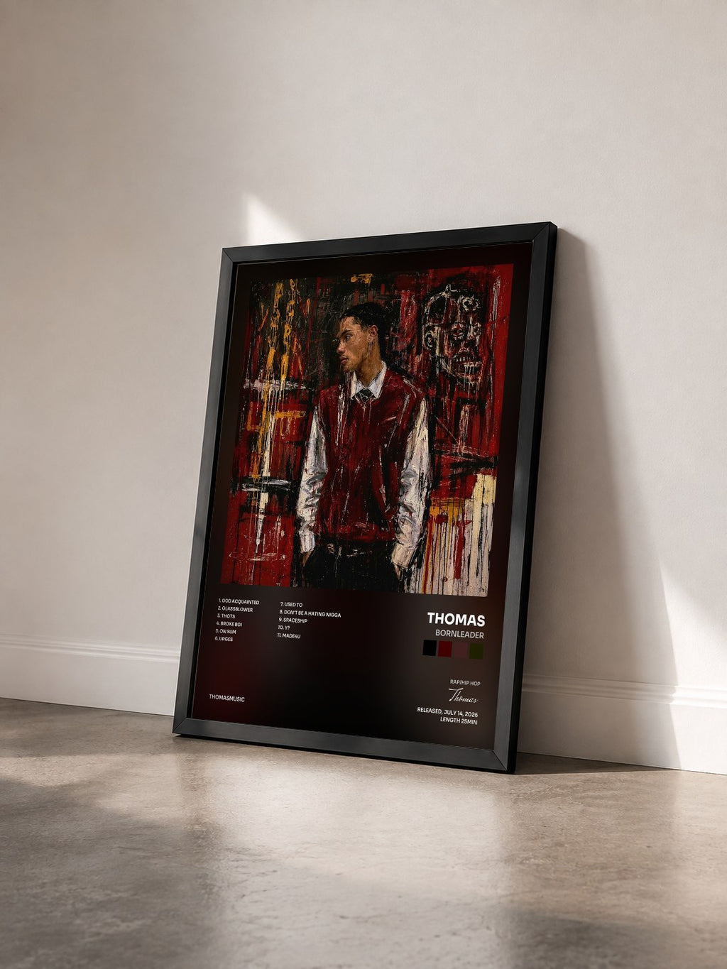 #noir Tableau de l'album BornLeader de Thomas vu de trois quarts, cadre noir