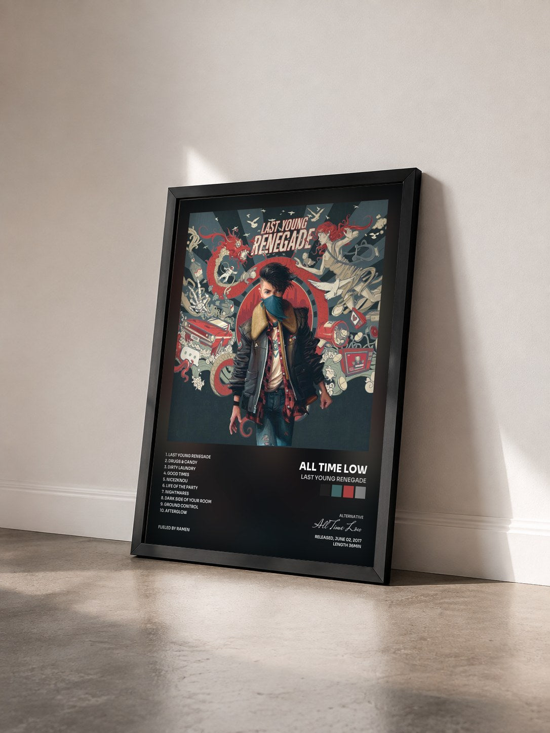 #noir Tableau de l'album Last Young Renegade de All Time Low vu de trois quarts, cadre noir
