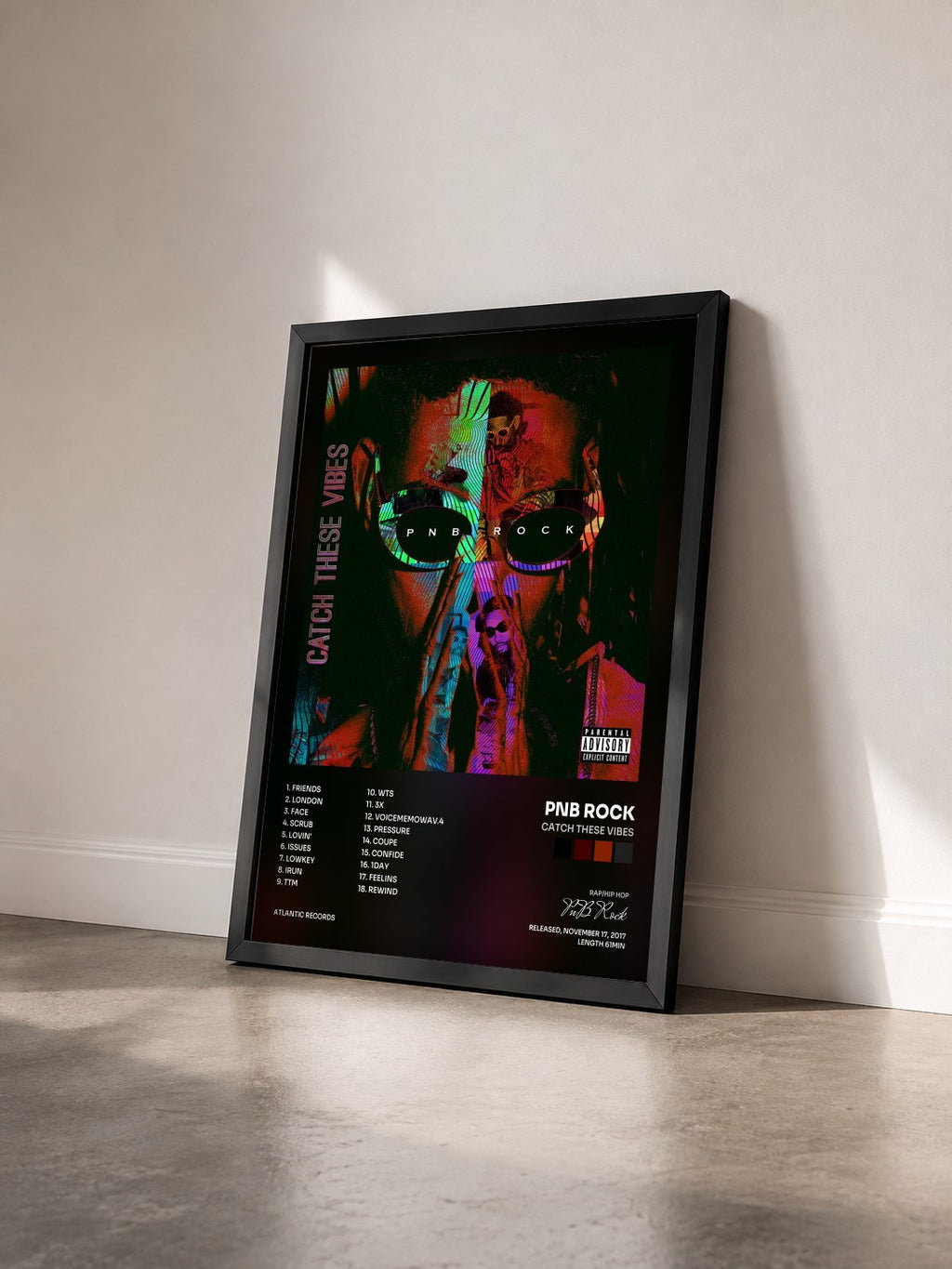 #noir Tableau de l'album Catch These Vibes de PnB Rock vu de trois quarts, cadre noir