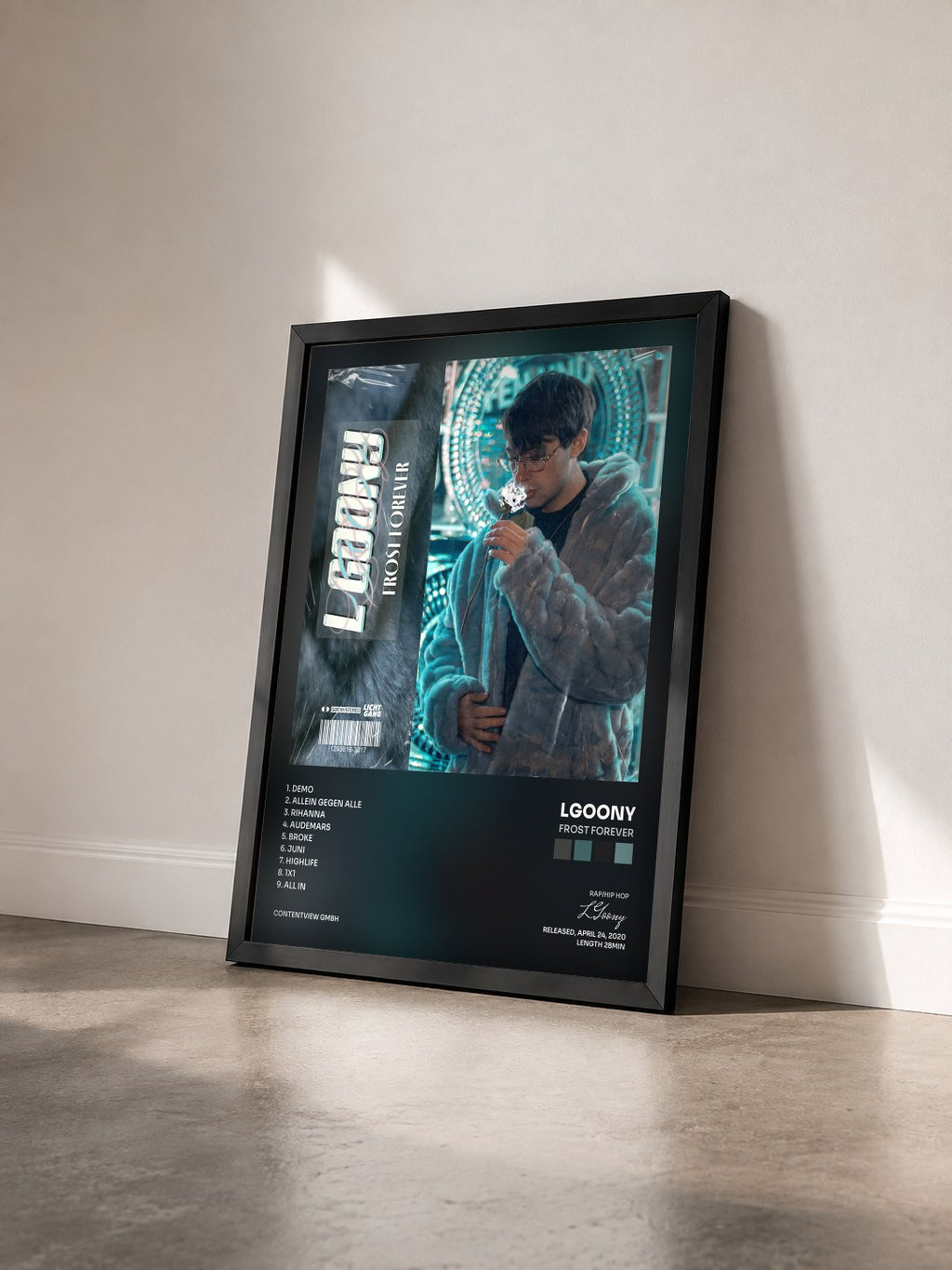 #noir Tableau de l'album Frost Forever de LGoony vu de trois quarts, cadre noir