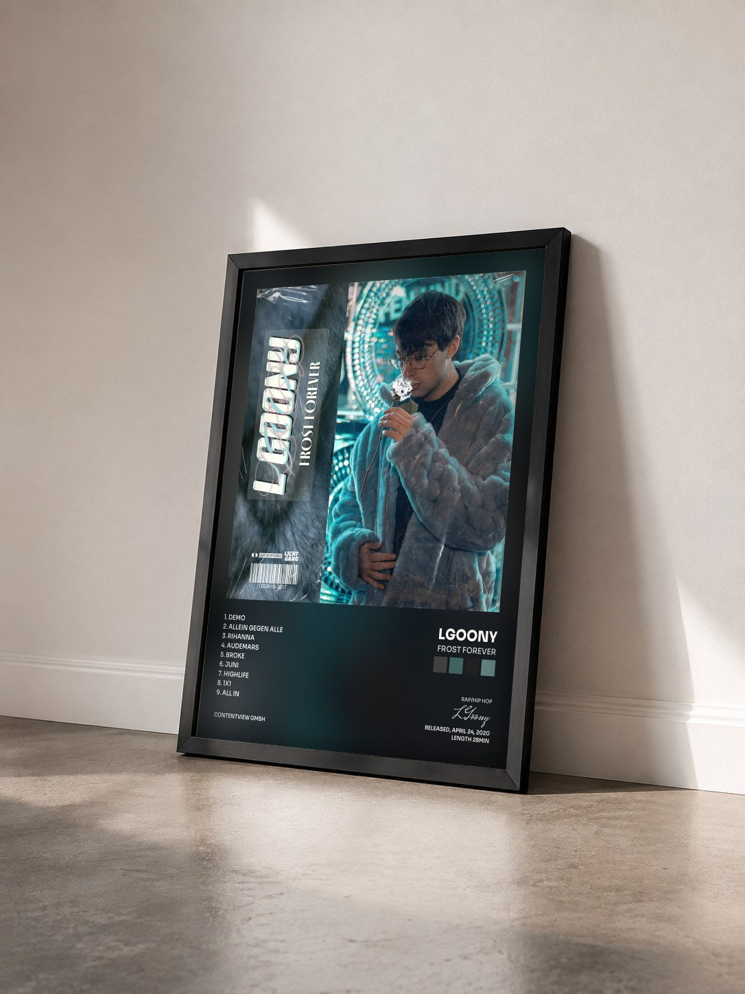 #noir Tableau de l'album Frost Forever de LGoony vu de trois quarts, cadre noir