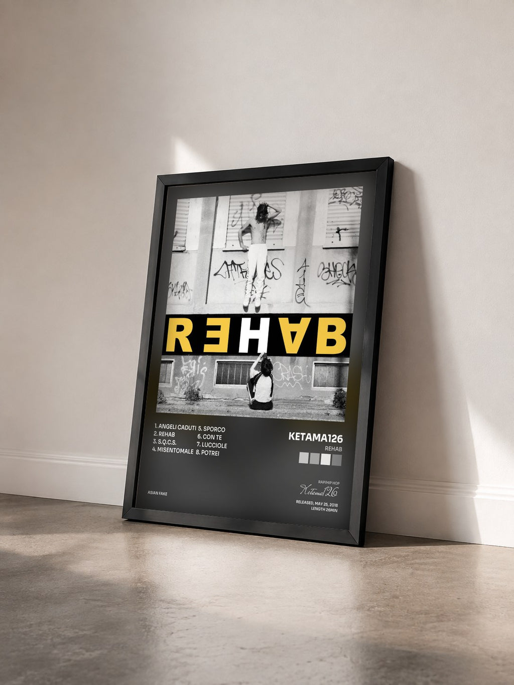 #noir Tableau de l'album Rehab de Ketama126 vu de trois quarts, cadre noir