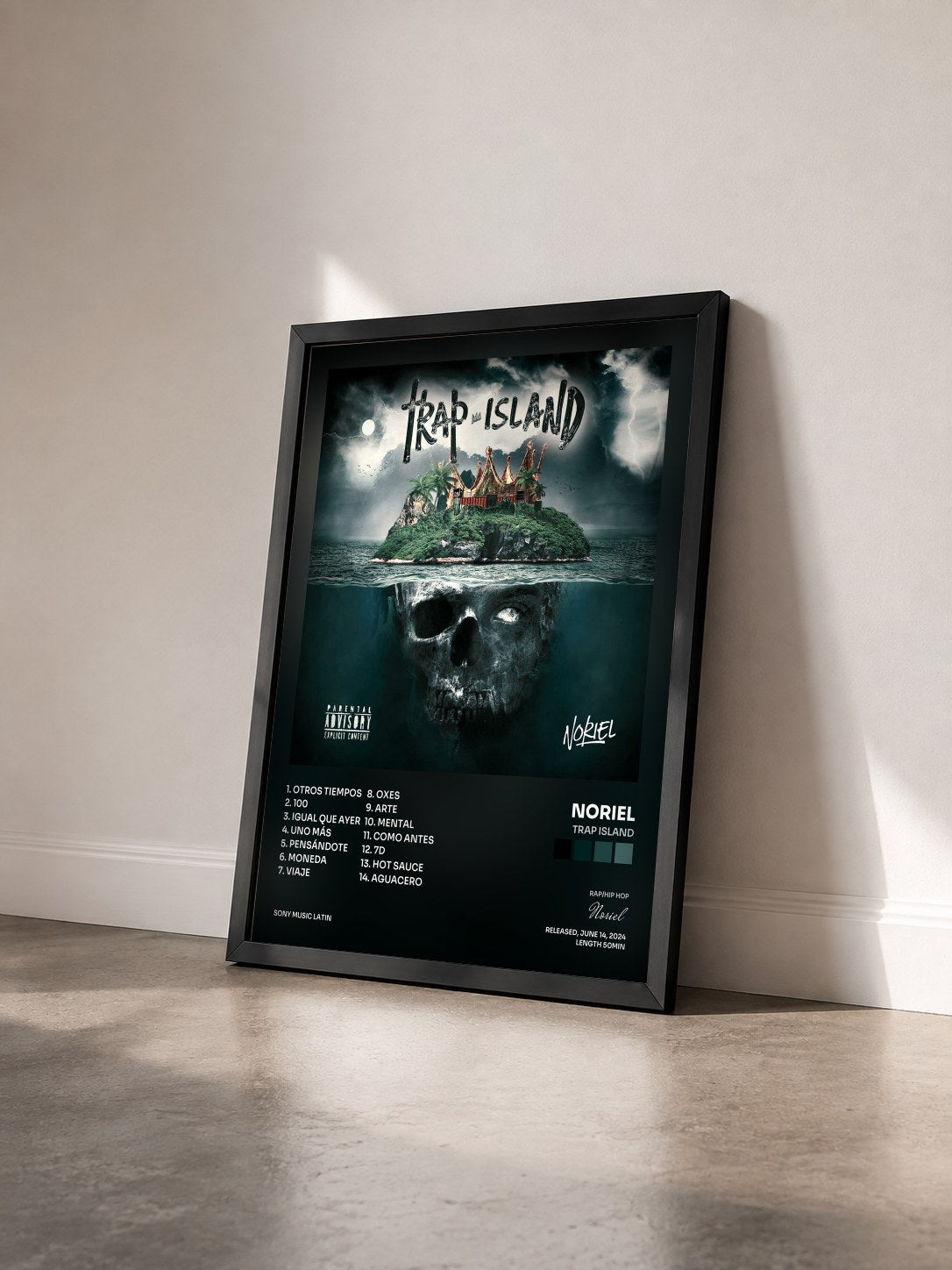 #noir Tableau de l'album Trap Island de Noriel vu de trois quarts, cadre noir