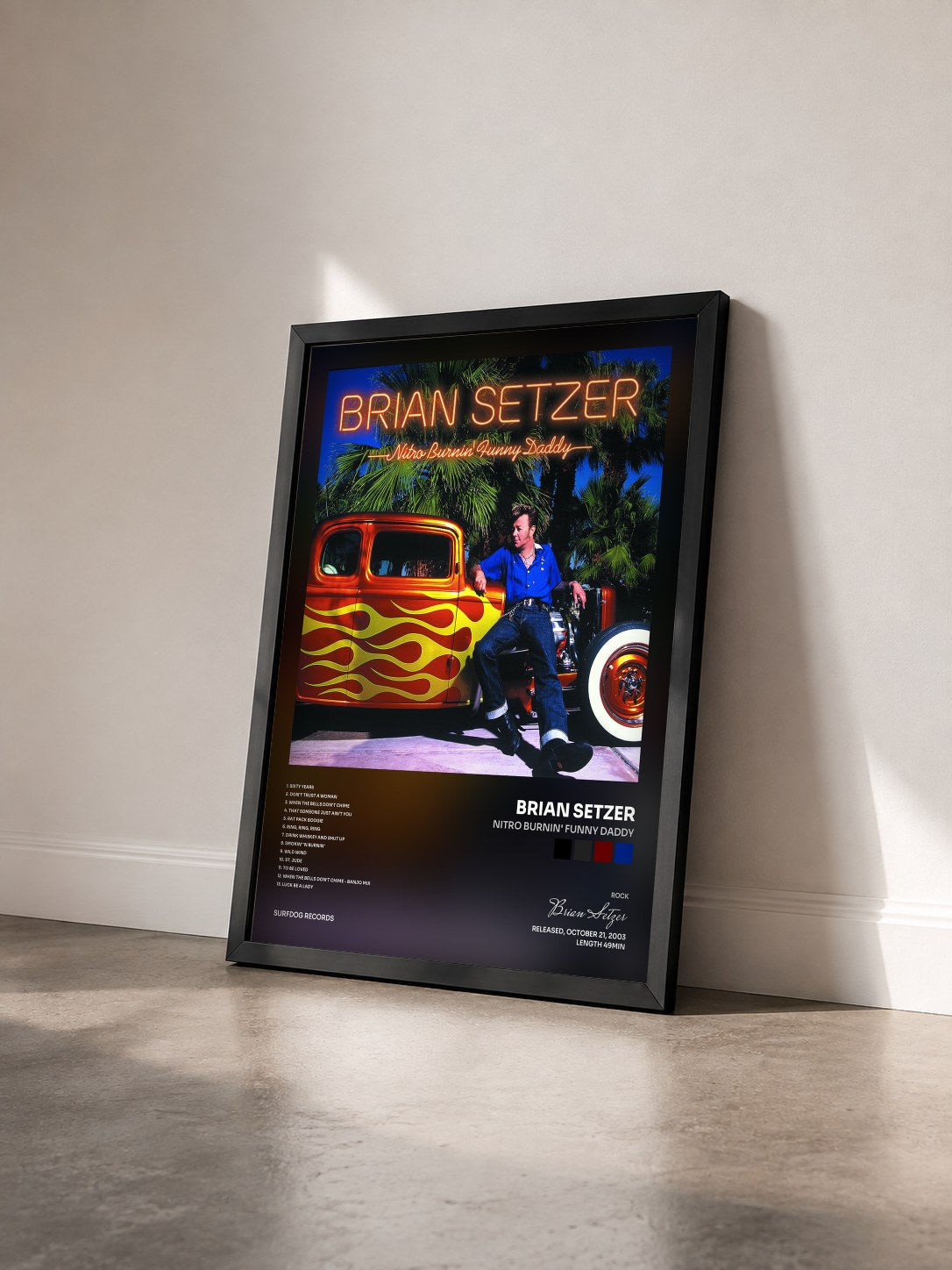 #noir Tableau de l'album Nitro Burnin' Funny Daddy de Brian Setzer vu de trois quarts, cadre noir