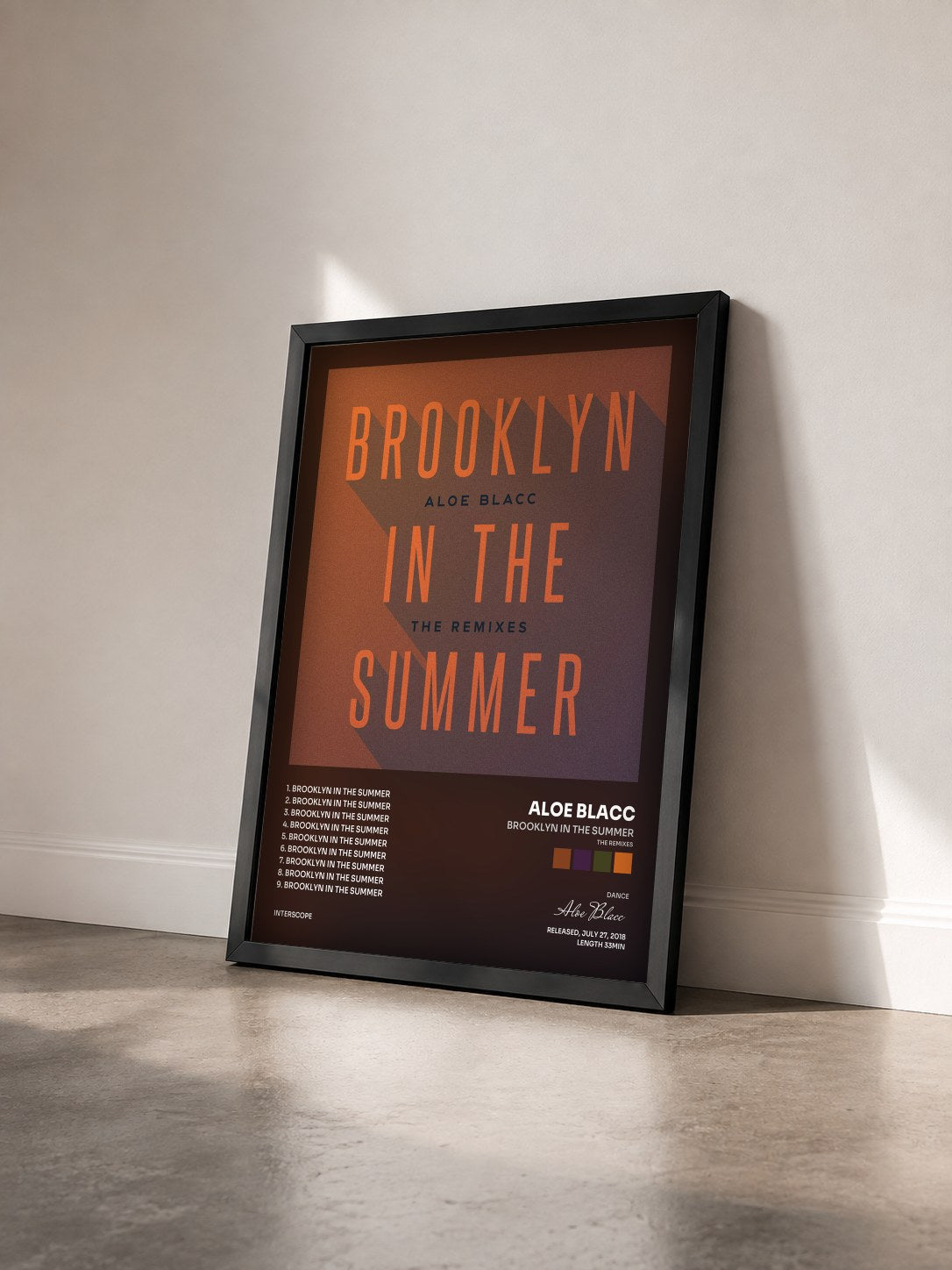 #noir Tableau de l'album Brooklyn In The Summer (The Remixes) de Aloe Blacc vu de trois quarts, cadre noir