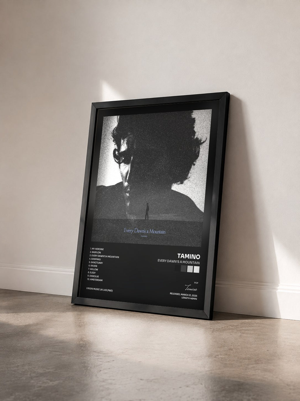 #noir Tableau de l'album Every Dawn's a Mountain de Tamino vu de trois quarts, cadre noir