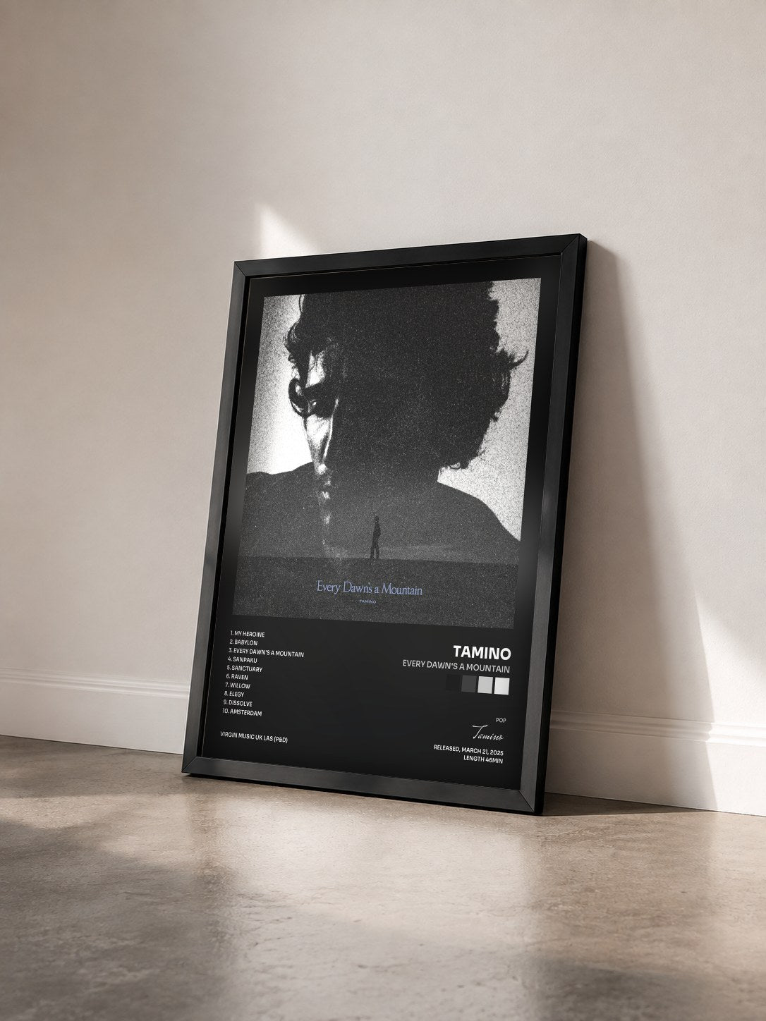 #noir Tableau de l'album Every Dawn's a Mountain de Tamino vu de trois quarts, cadre noir