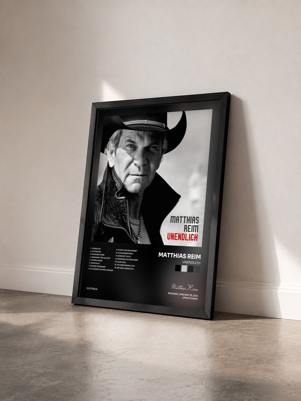 #noir Tableau de l'album Unendlich de Matthias Reim vu de trois quarts, cadre noir