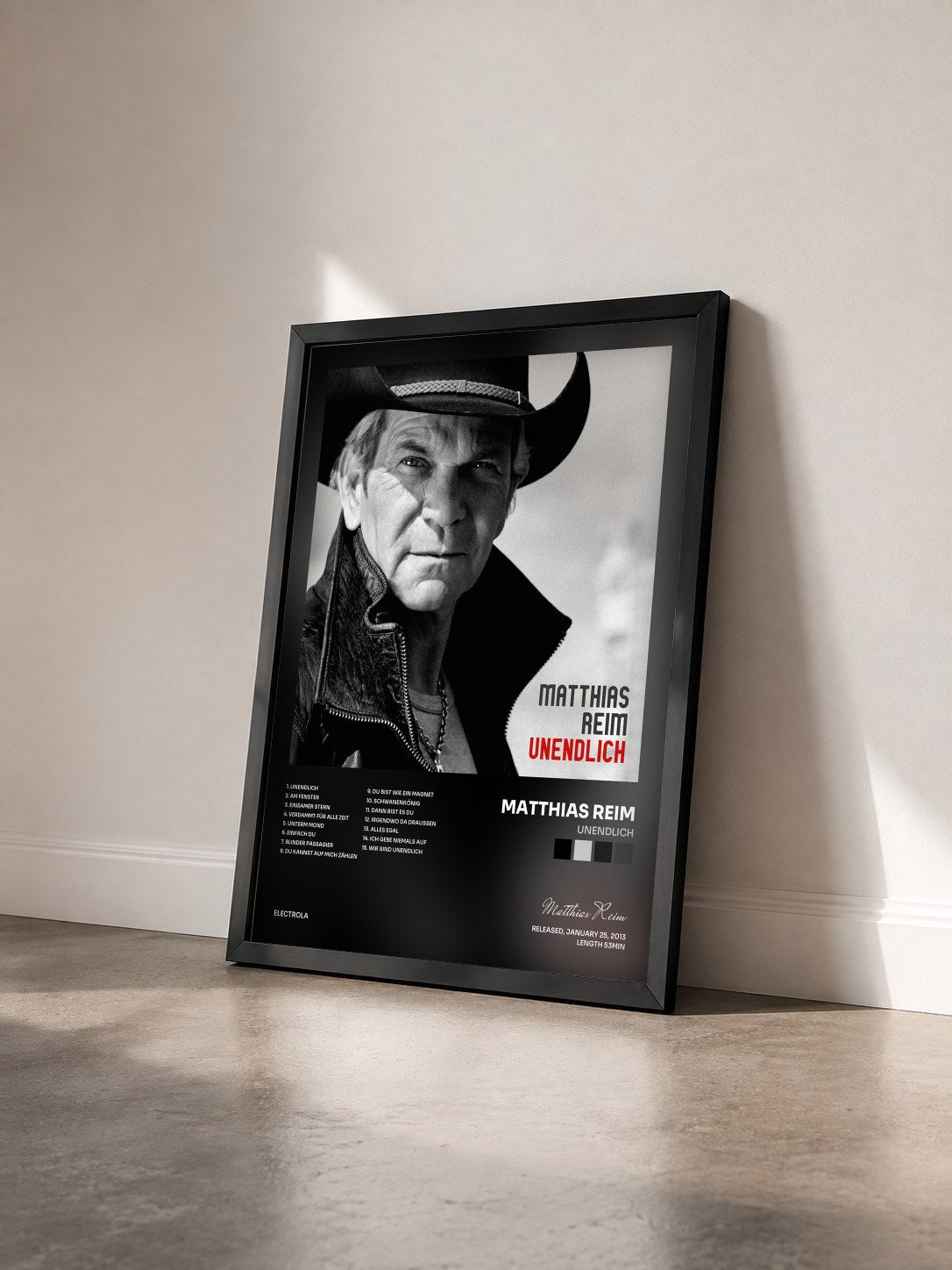 #noir Tableau de l'album Unendlich de Matthias Reim vu de trois quarts, cadre noir
