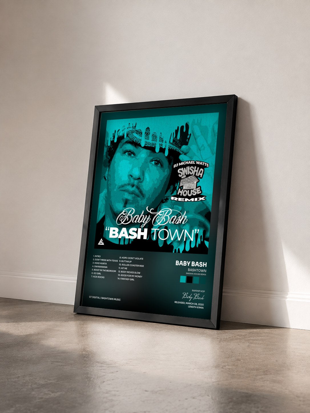 #noir Tableau de l'album Bashtown (Swisha House Remix) de Baby Bash vu de trois quarts, cadre noir