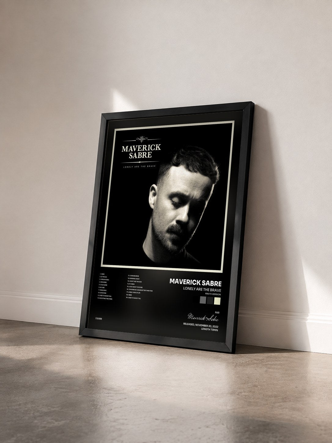 #noir Tableau de l'album Lonely Are the Brave (Mav's Version) de Maverick Sabre vu de trois quarts, cadre noir