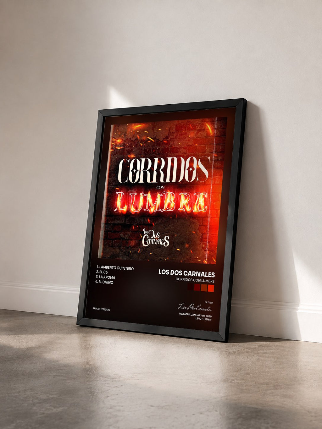 #noir Tableau de l'album Corridos Con Lumbre de Los Dos Carnales vu de trois quarts, cadre noir