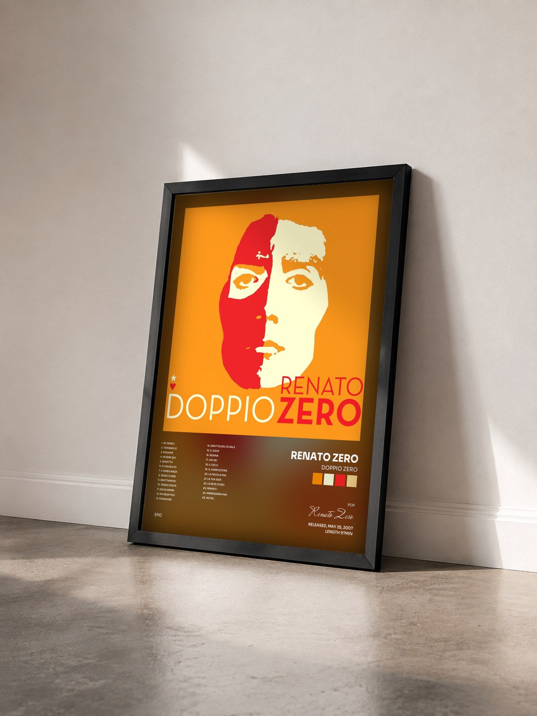 #noir Tableau de l'album Doppio Zero de Renato Zero vu de trois quarts, cadre noir