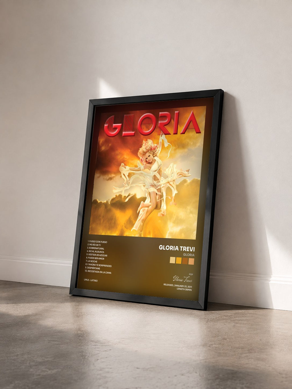 #noir Tableau de l'album Gloria de Gloria Trevi vu de trois quarts, cadre noir