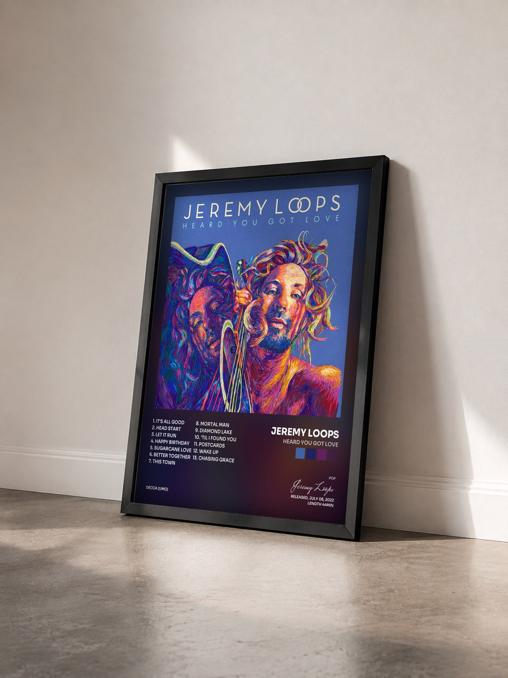 #noir Tableau de l'album Heard You Got Love de Jeremy Loops vu de trois quarts, cadre noir