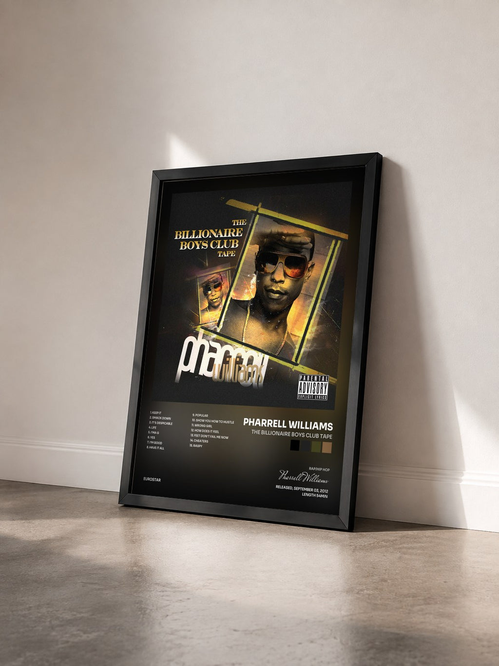 #noir The Billionaire Boys Club Tape von Pharrell Williams als gerahmter Kunstdruck von schräg gesehen, schwarzer Rahmen
