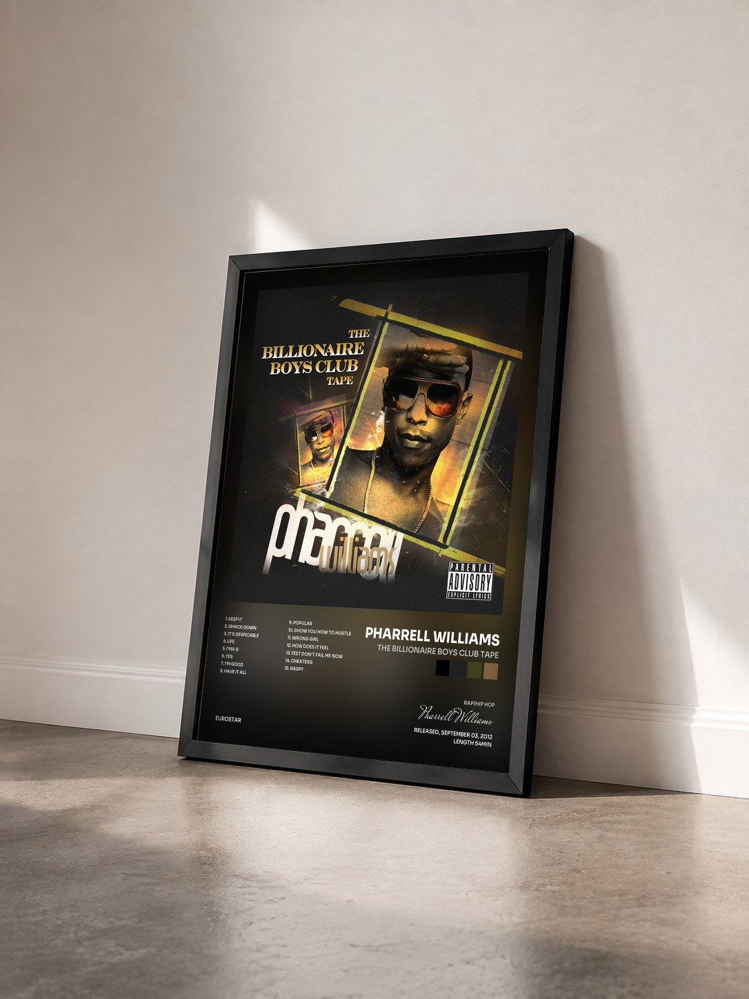#noir Tableau de l'album The Billionaire Boys Club Tape de Pharrell Williams vu de trois quarts, cadre noir