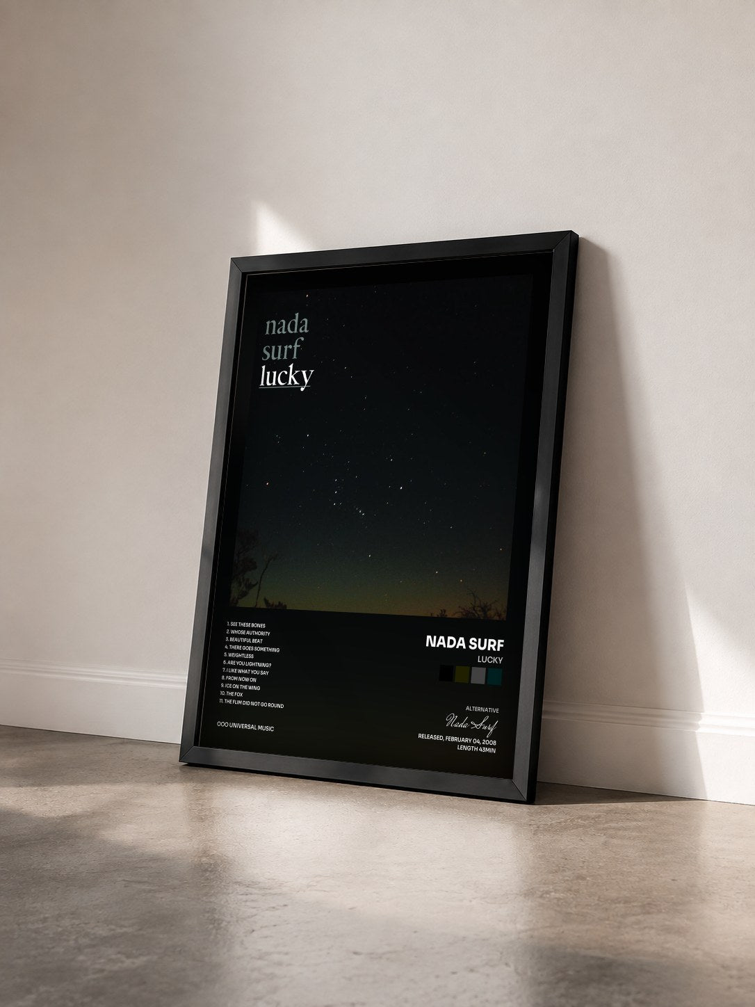 #noir Tableau de l'album Lucky de Nada Surf vu de trois quarts, cadre noir