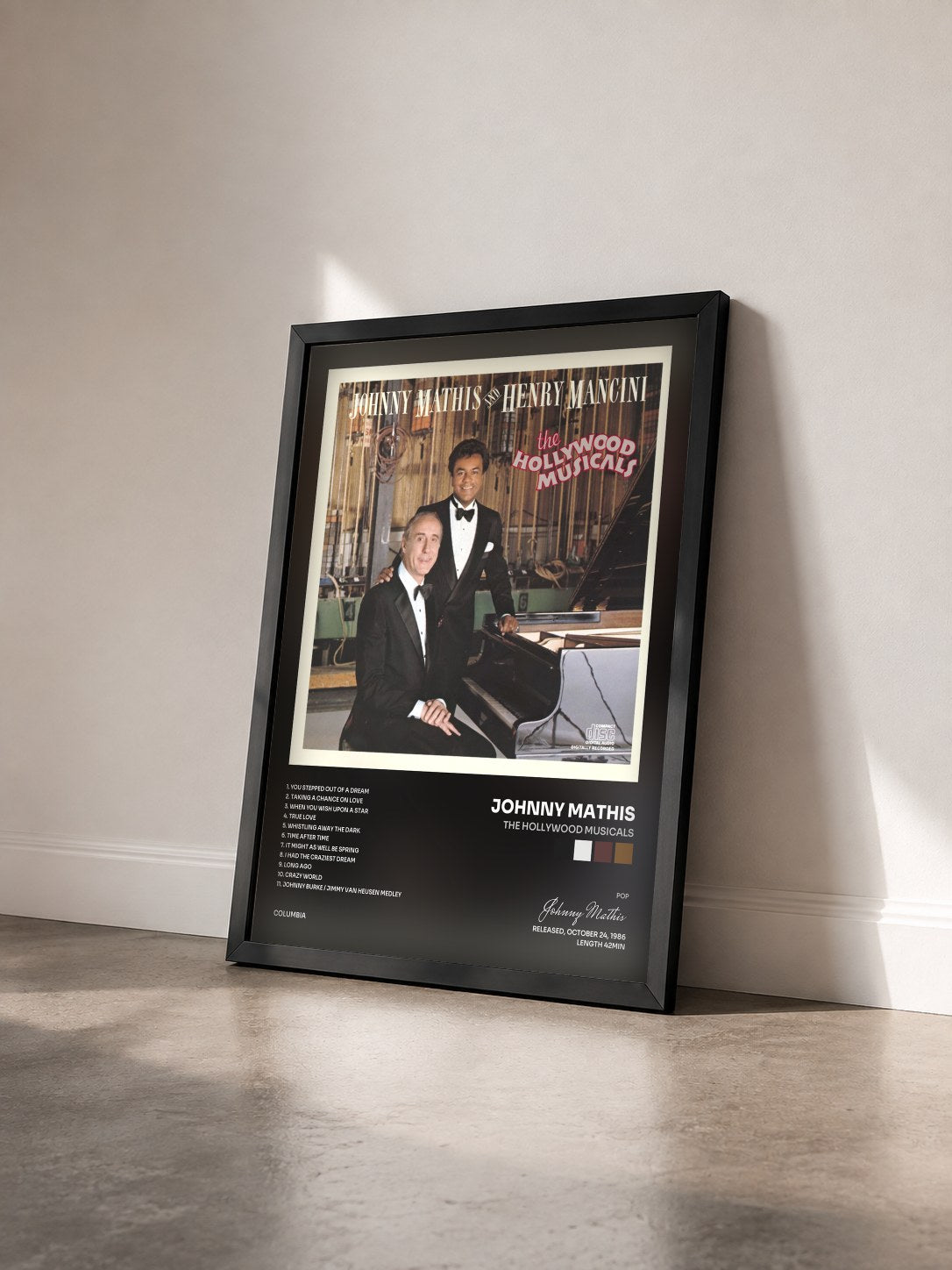 #noir Tableau de l'album The Hollywood Musicals de Johnny Mathis vu de trois quarts, cadre noir