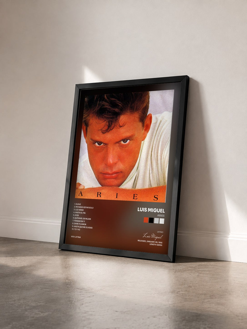#noir Tableau de l'album Aries de Luis Miguel vu de trois quarts, cadre noir