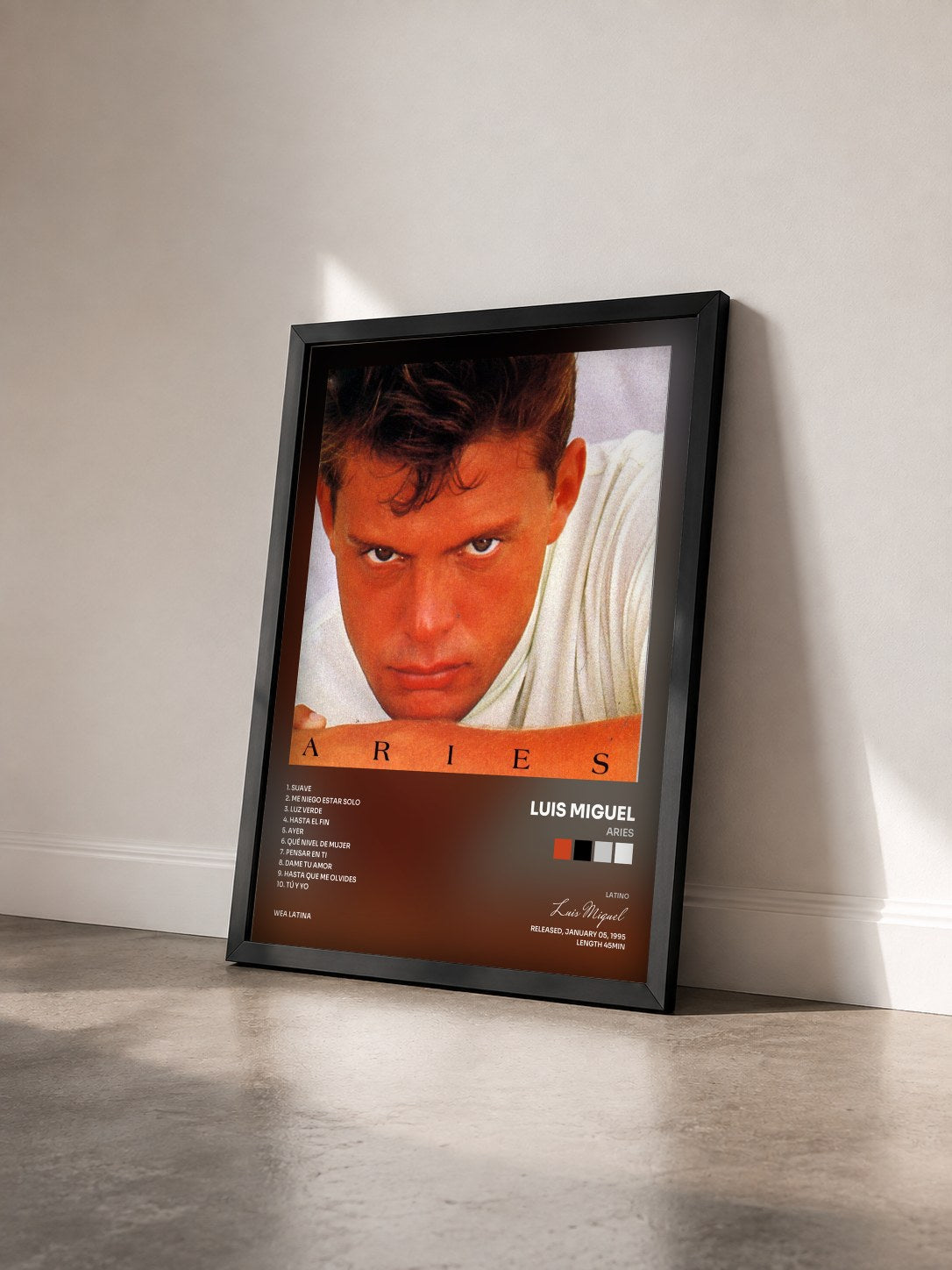 #noir Tableau de l'album Aries de Luis Miguel vu de trois quarts, cadre noir