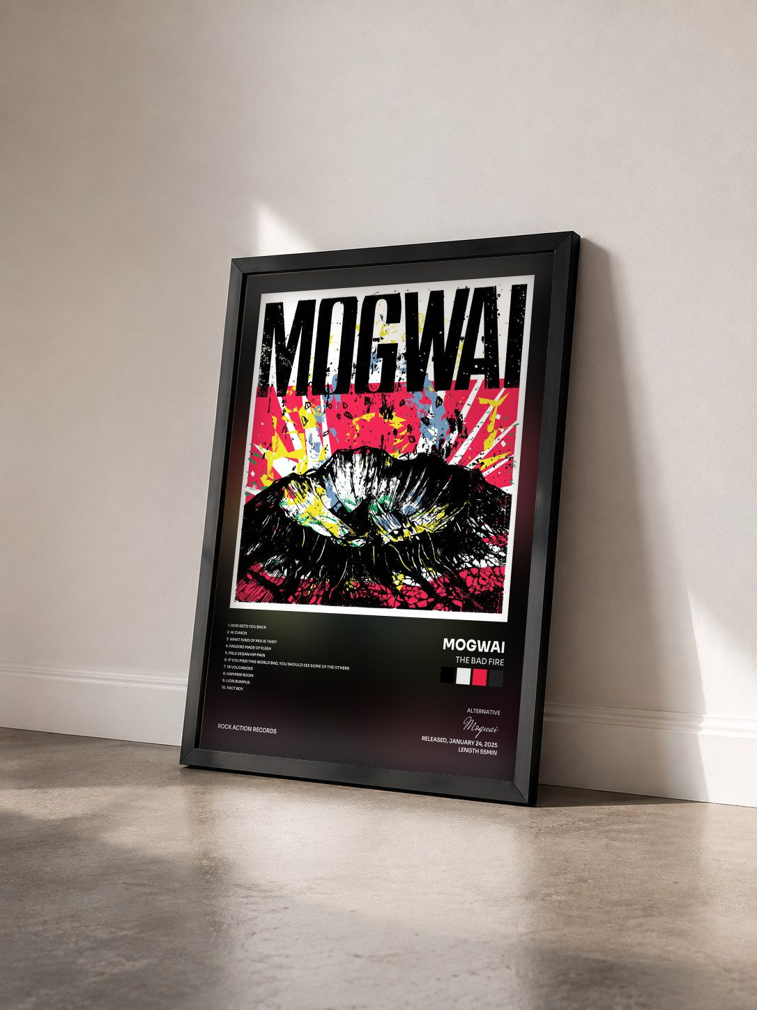 #noir Tableau de l'album The Bad Fire de Mogwai vu de trois quarts, cadre noir