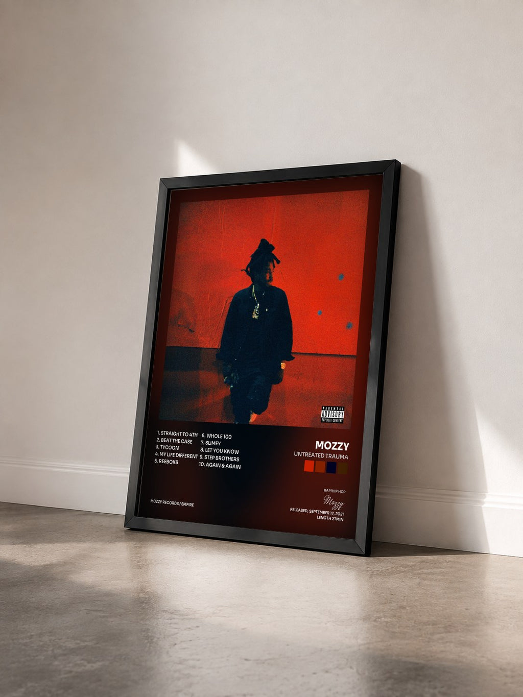 #noir Tableau de l'album Untreated Trauma de Mozzy vu de trois quarts, cadre noir