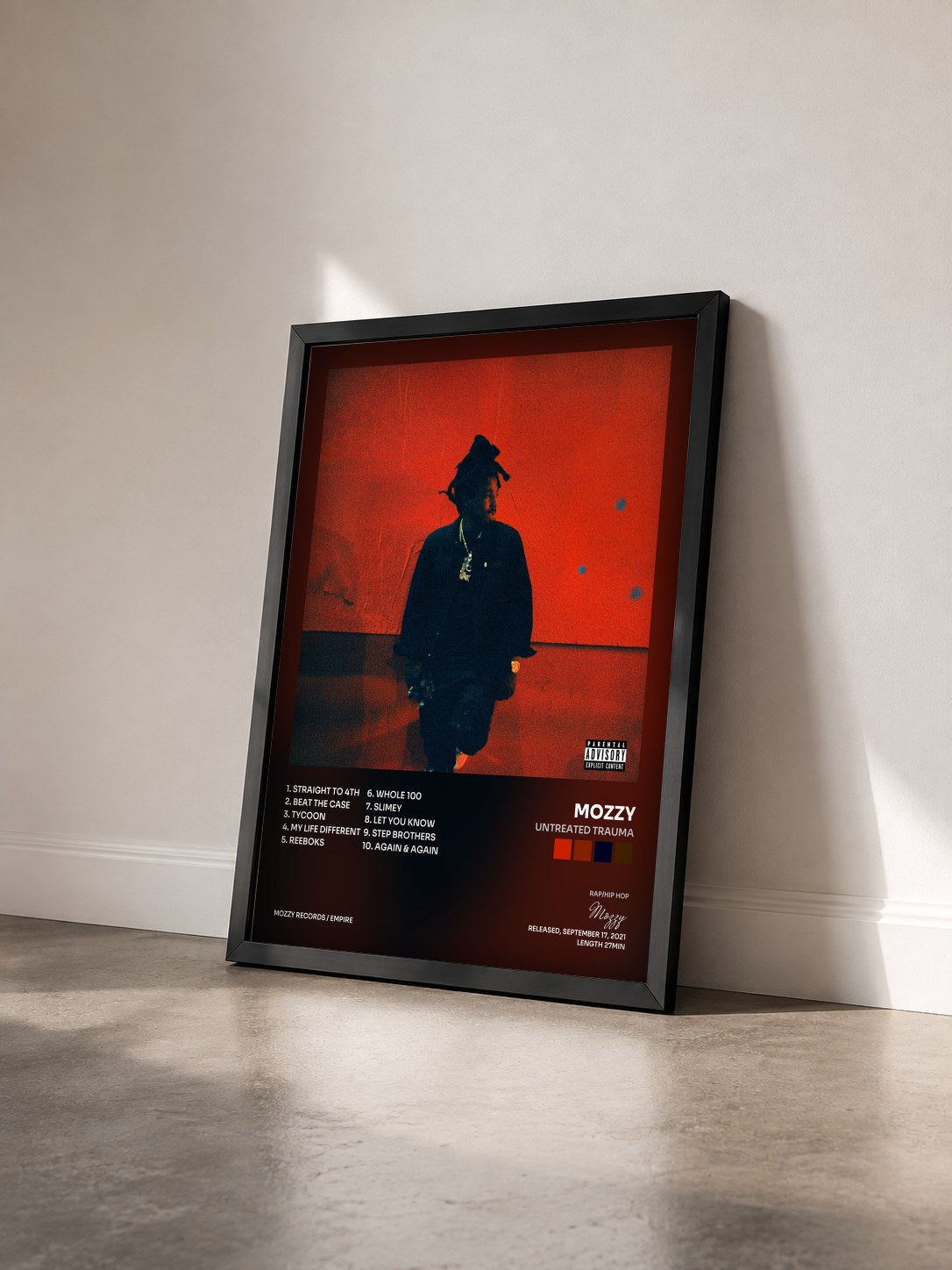 #noir Tableau de l'album Untreated Trauma de Mozzy vu de trois quarts, cadre noir