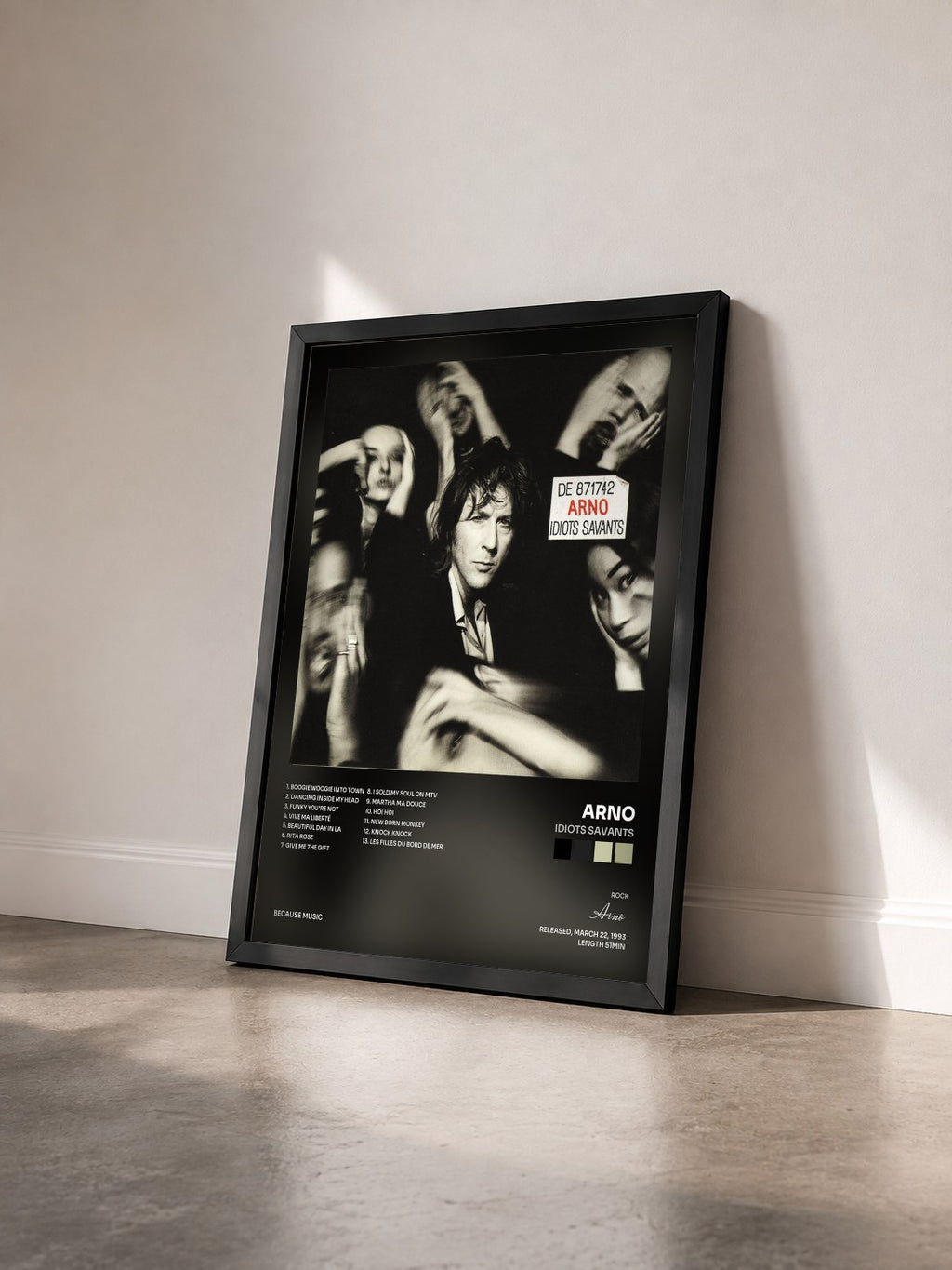 #noir Tableau de l'album Idiots Savants de Arno vu de trois quarts, cadre noir
