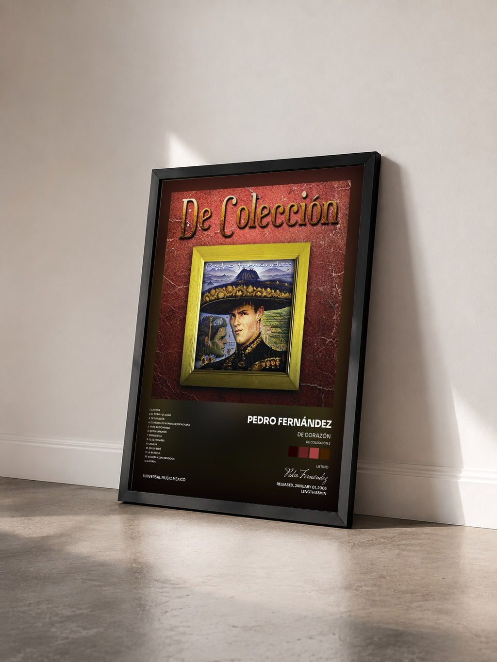 #noir Tableau de l'album De Corazón (De Colección 2) de Pedro Fernández vu de trois quarts, cadre noir