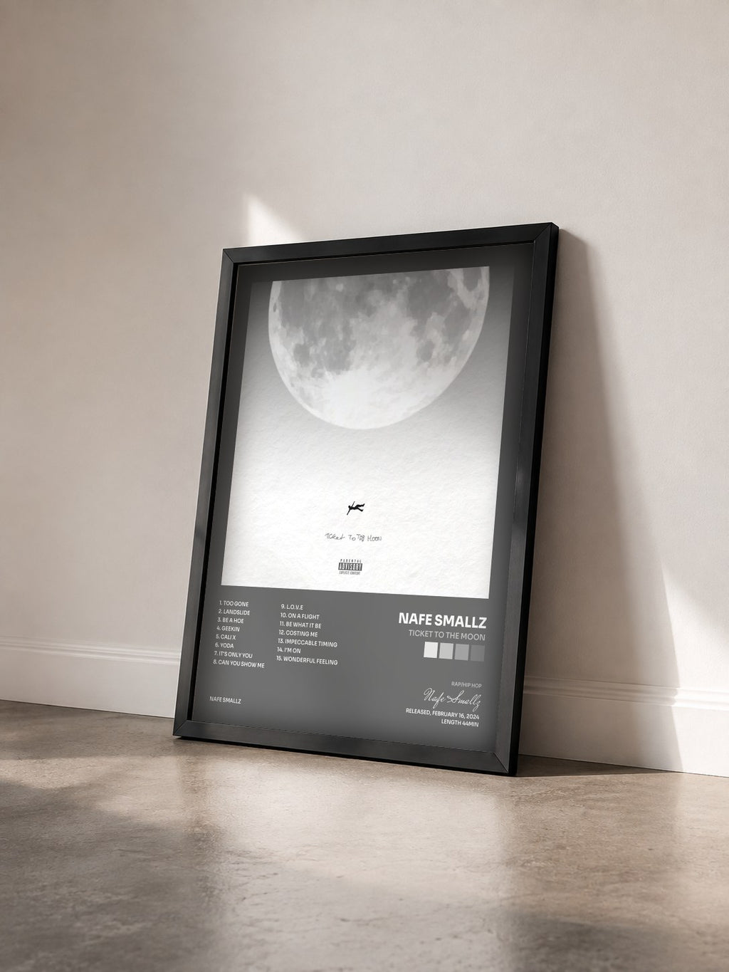 #noir Tableau de l'album Ticket To The Moon de Nafe Smallz vu de trois quarts, cadre noir