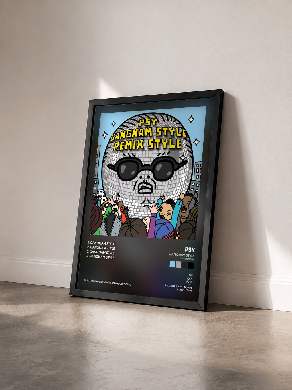 #noir Tableau de l'album Gangnam Style (강남스타일) (Remix) de Psy vu de trois quarts, cadre noir