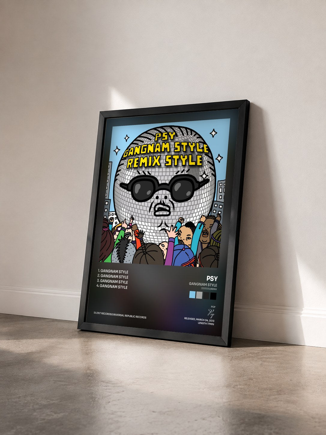#noir Tableau de l'album Gangnam Style (강남스타일) (Remix) de Psy vu de trois quarts, cadre noir