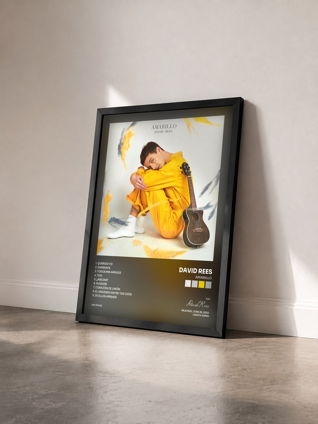 #noir Tableau de l'album Amarillo de David Rees vu de trois quarts, cadre noir