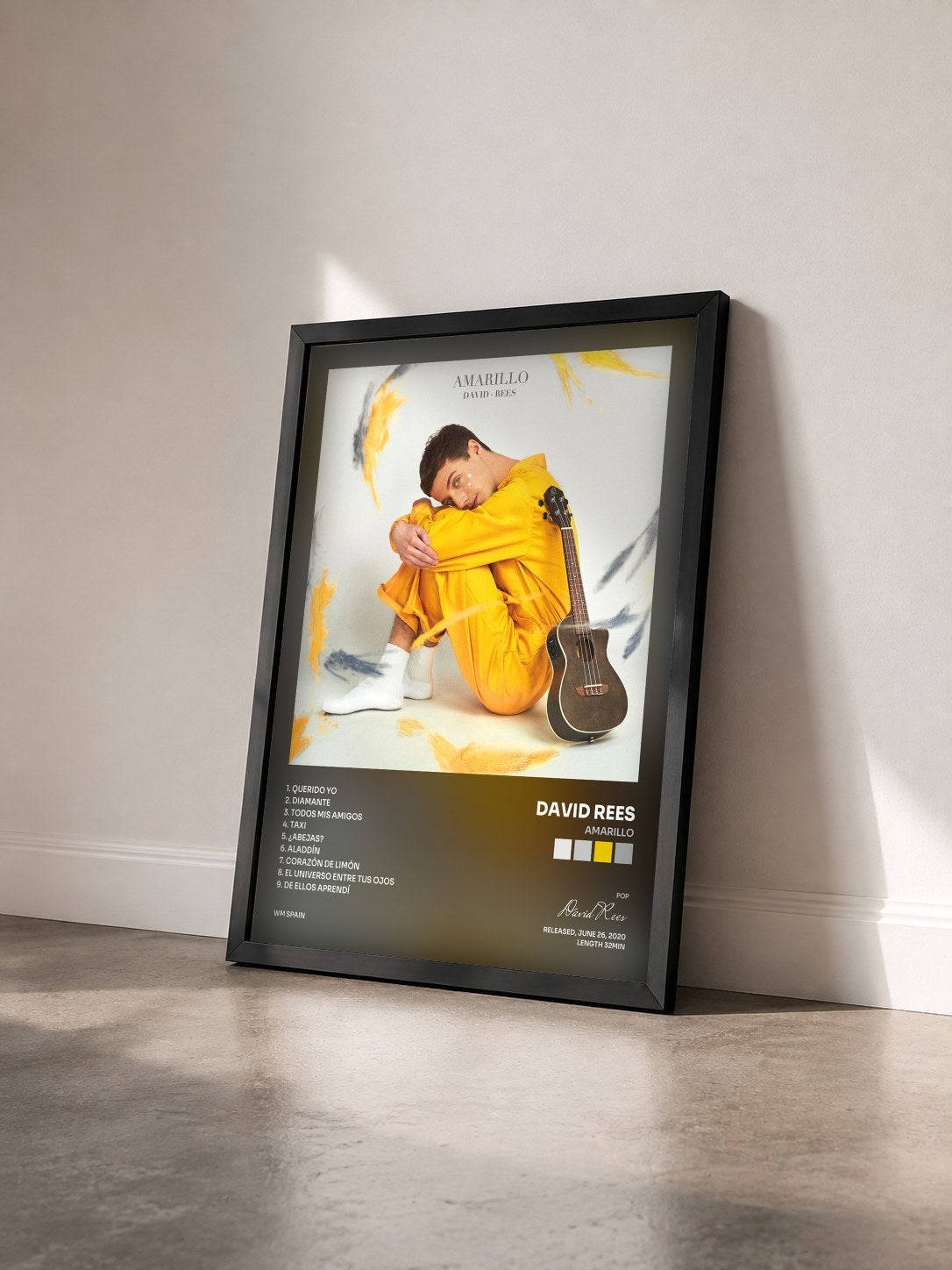 #noir Tableau de l'album Amarillo de David Rees vu de trois quarts, cadre noir