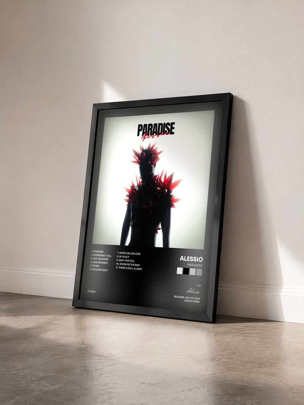 #noir Tableau de l'album PARADISE de Alessio vu de trois quarts, cadre noir