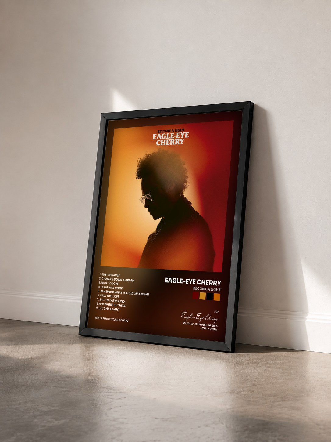 #noir Tableau de l'album Become a Light de Eagle-Eye Cherry vu de trois quarts, cadre noir