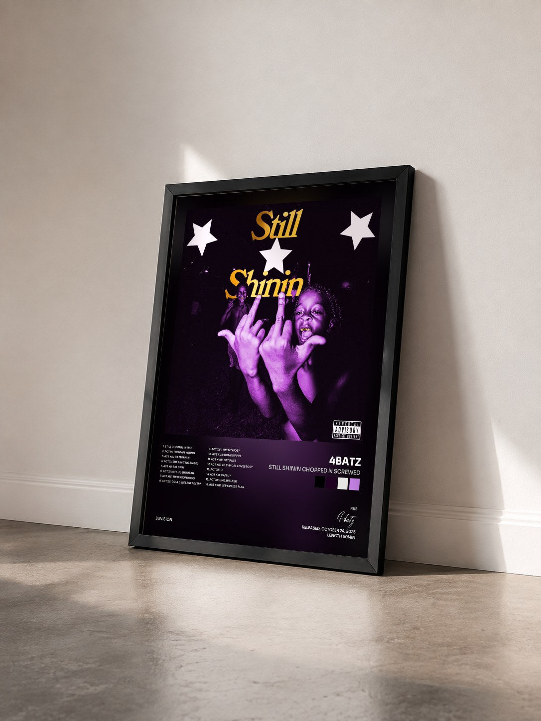 #noir Tableau de l'album Still Shinin chopped n screwed de 4batz vu de trois quarts, cadre noir