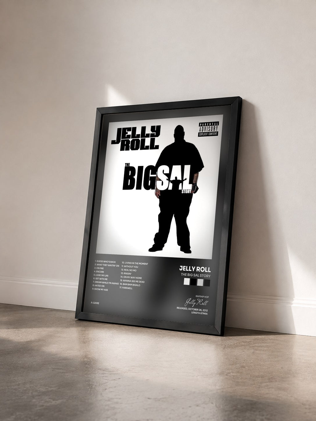 #noir Tableau de l'album The Big Sal Story de Jelly Roll vu de trois quarts, cadre noir