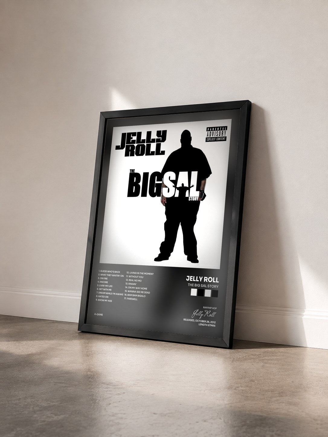#noir Tableau de l'album The Big Sal Story de Jelly Roll vu de trois quarts, cadre noir
