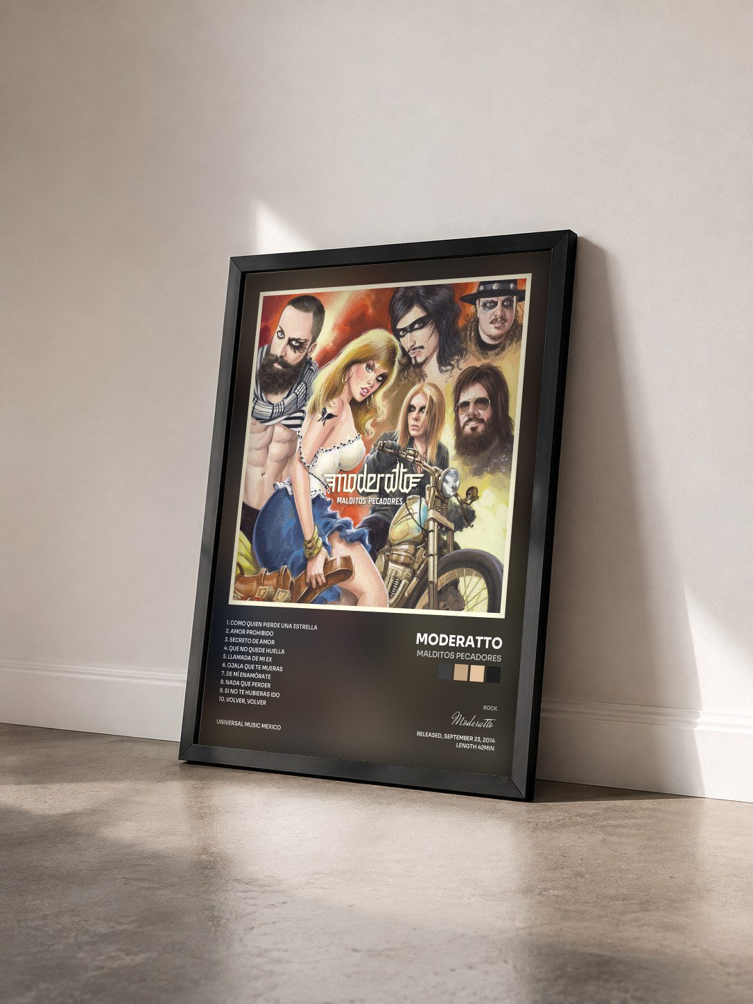 #noir Tableau de l'album Malditos Pecadores de Moderatto vu de trois quarts, cadre noir